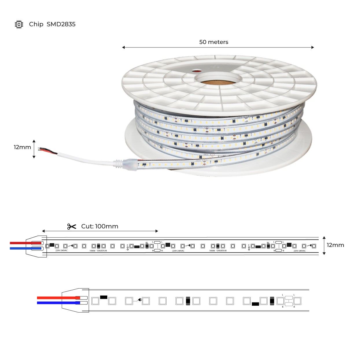 Tira LED 220V - 950W (6000xSMD2835) 12mm -  IP67 - Rollo 50 metros - Corte cada 10cm (7)