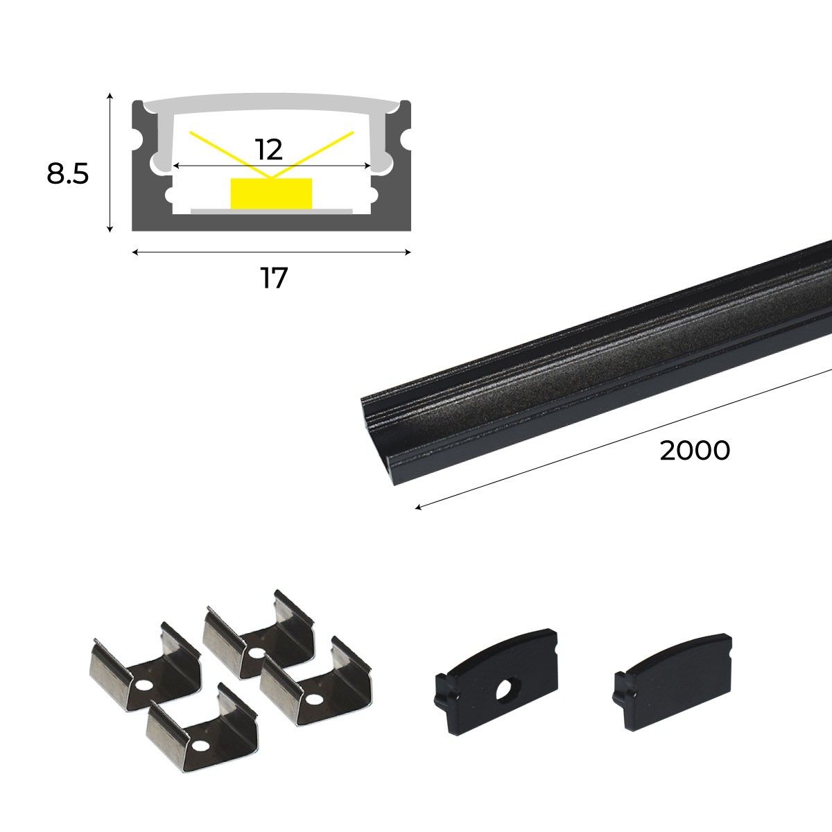 Perfil de aluminio para tira LED con difusor - 4 grapas - 2 tapas - 17x8mm - 2 metros (32)