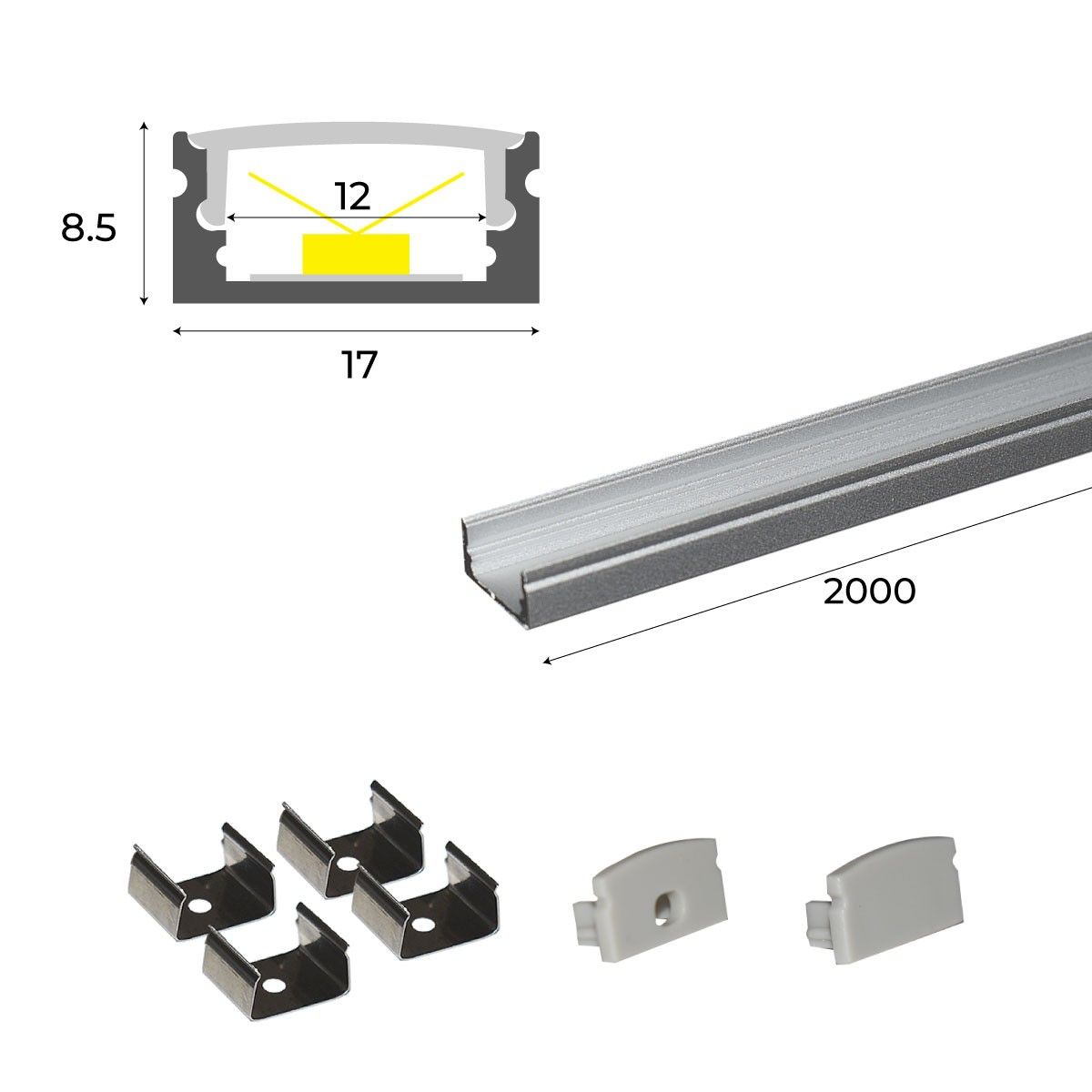 Perfil de aluminio para tira LED con difusor - 4 grapas - 2 tapas - 17x8mm - 2 metros (33)