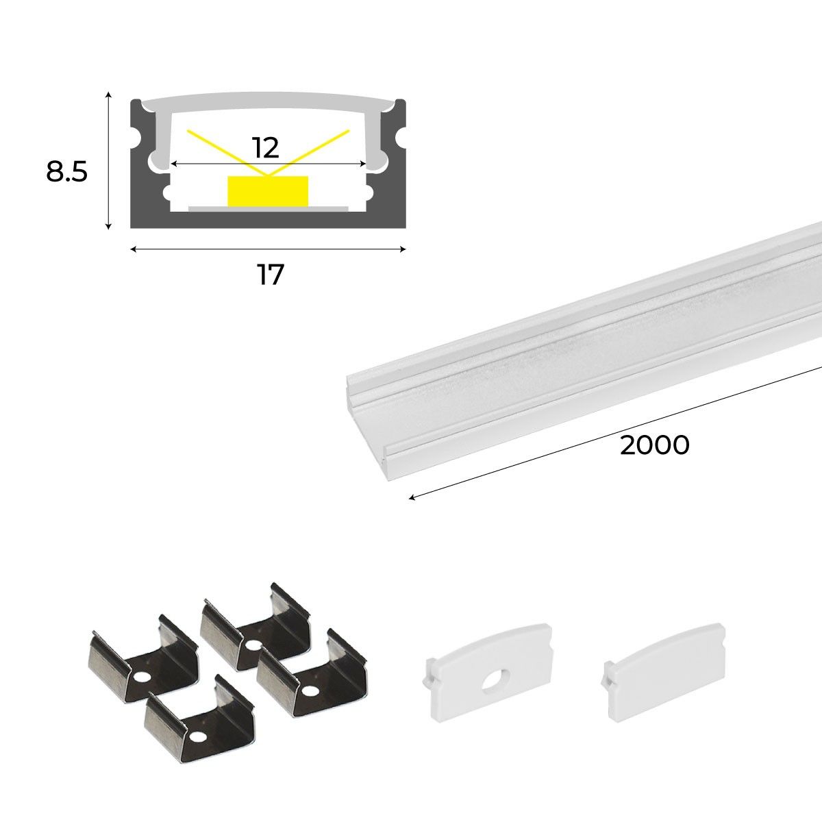Perfil de aluminio para tira LED con difusor - 4 grapas - 2 tapas - 17x8mm - 2 metros (33)