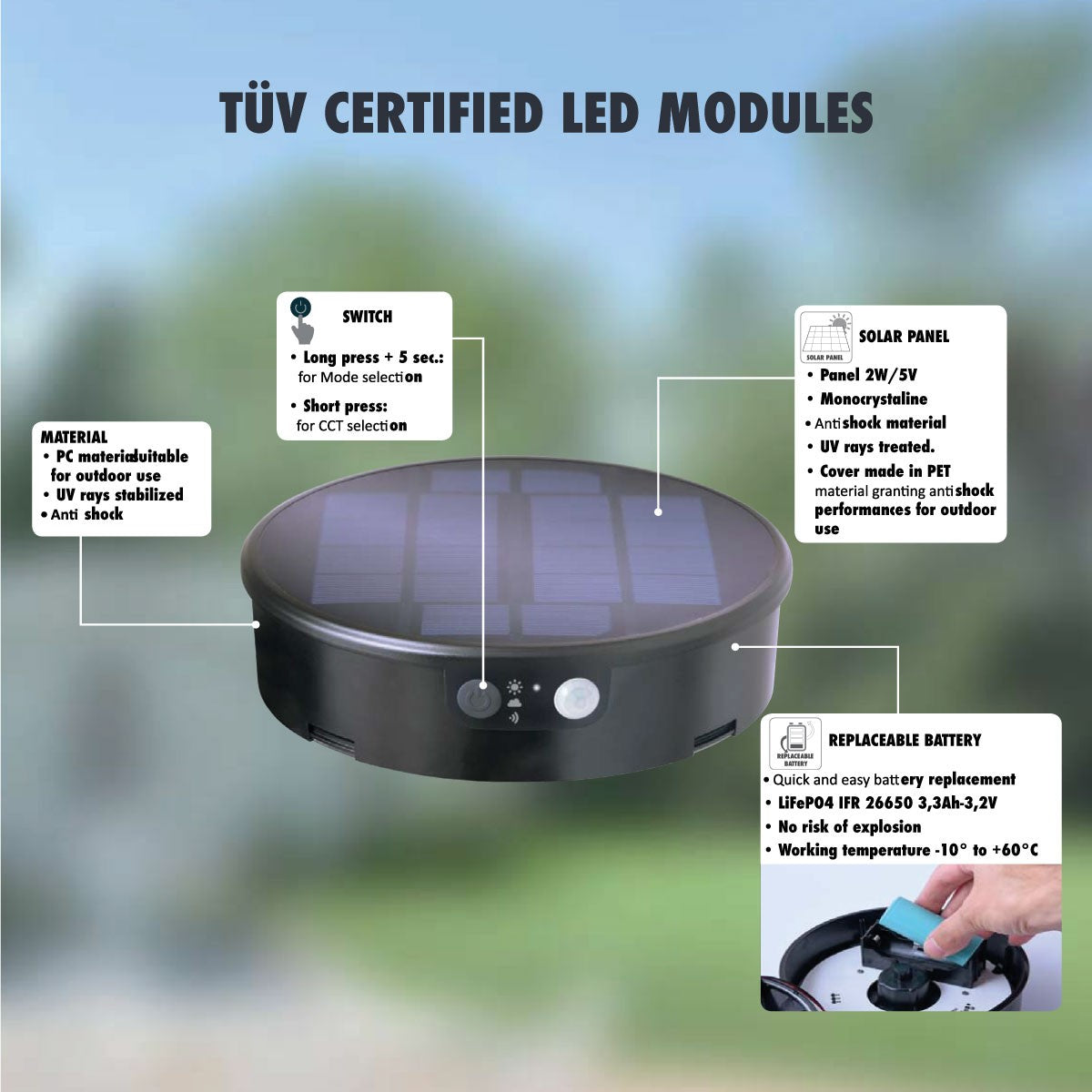 Bolardo solar LED "FELICE 200" 18cm con sensor PIR - 3 modos de funcionamiento - CCT (2)