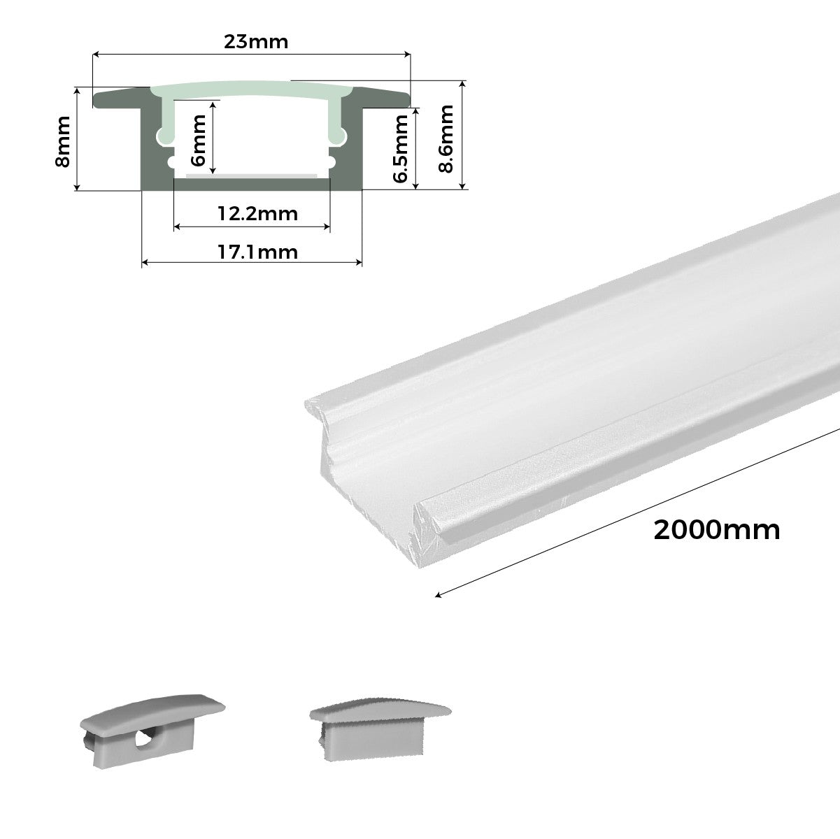 Perfil de aluminio empotrable para tira LED con difusor - 2 tapas - 23x8mm - 2 metros (25)