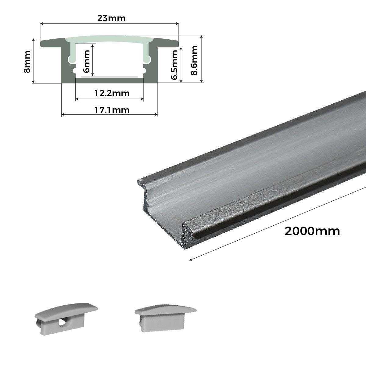 Perfil de aluminio empotrable para tira LED con difusor - 2 tapas - 23x8mm - 2 metros (26)