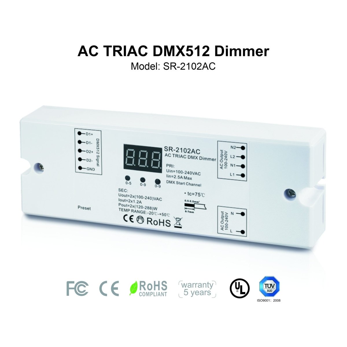 Controlador monocolor AC TRIAC - DMX Dimmer - 2 canales 1,2A/ch - 100-240V - Sunricher - Barcelona Led-Control y regulación