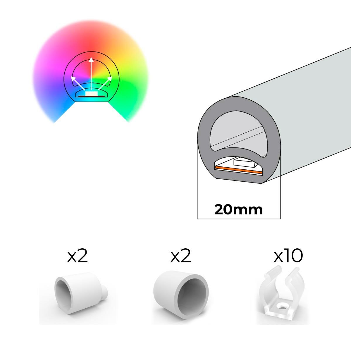 Neón LED flexible circular RGB - 24 V -  Instalación sobre superficie - Ø20mm - 5 metros - 22W/m - Kit completo - IP67 (24)