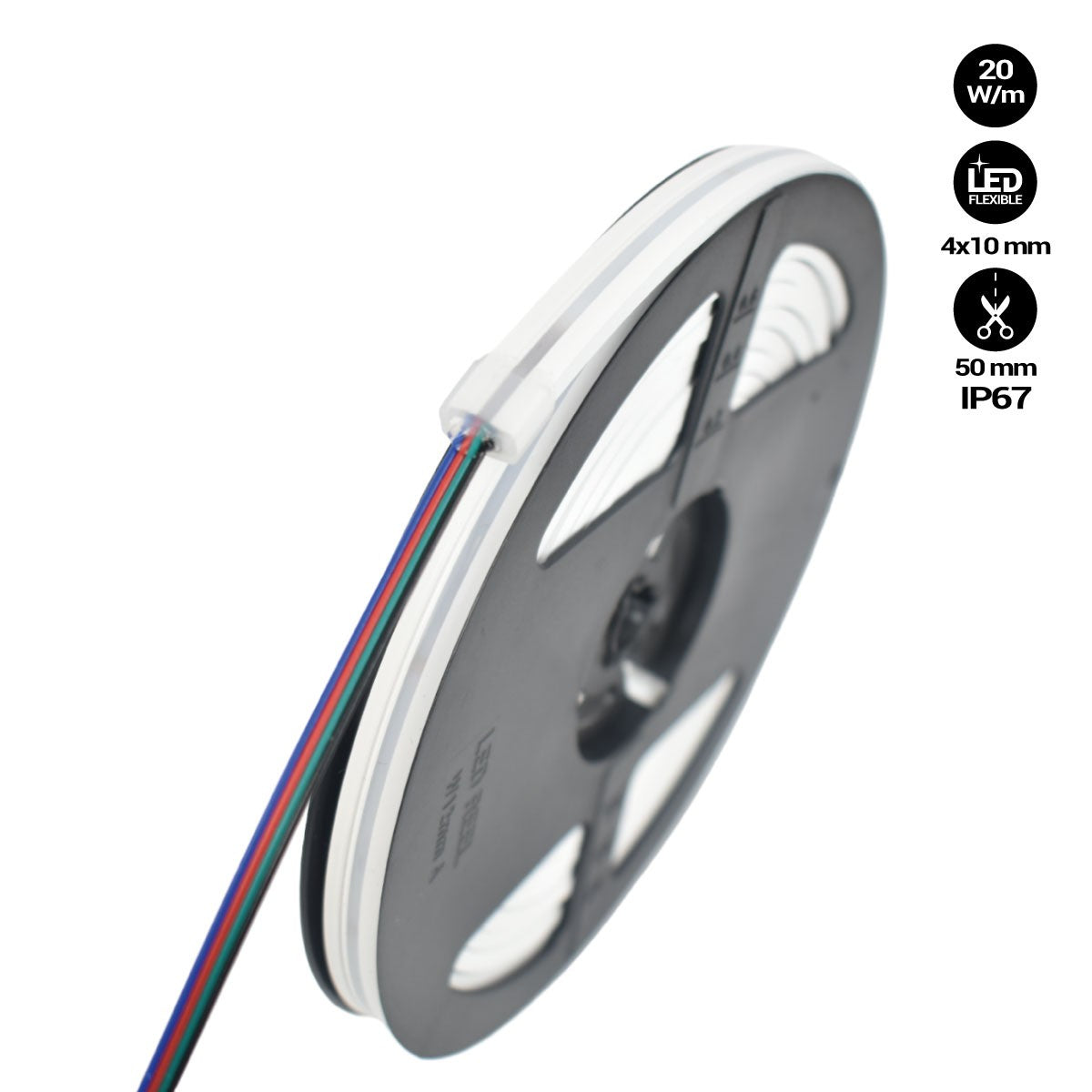 Neón LED Flexible RGB - 24V/DC 4x10mm - 5 metros - Kit completo - IP67 - 20W/m - Curvatura lateral