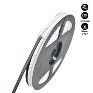 Neón LED Flexible RGB - 24V/DC 4x10mm - 5 metros - Kit completo - IP67 - 20W/m - Curvatura lateral