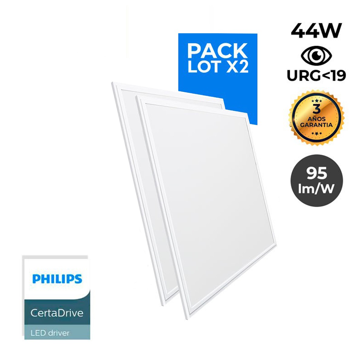 Pack de 2 paneles LED slim 60X60 cm - Driver Philips - 44W - UGR19 - IP40