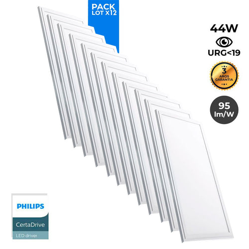 Pack de 12 paneles LED slim 120X30 cm -  Driver Philips - 44W - UGR19 - IP40