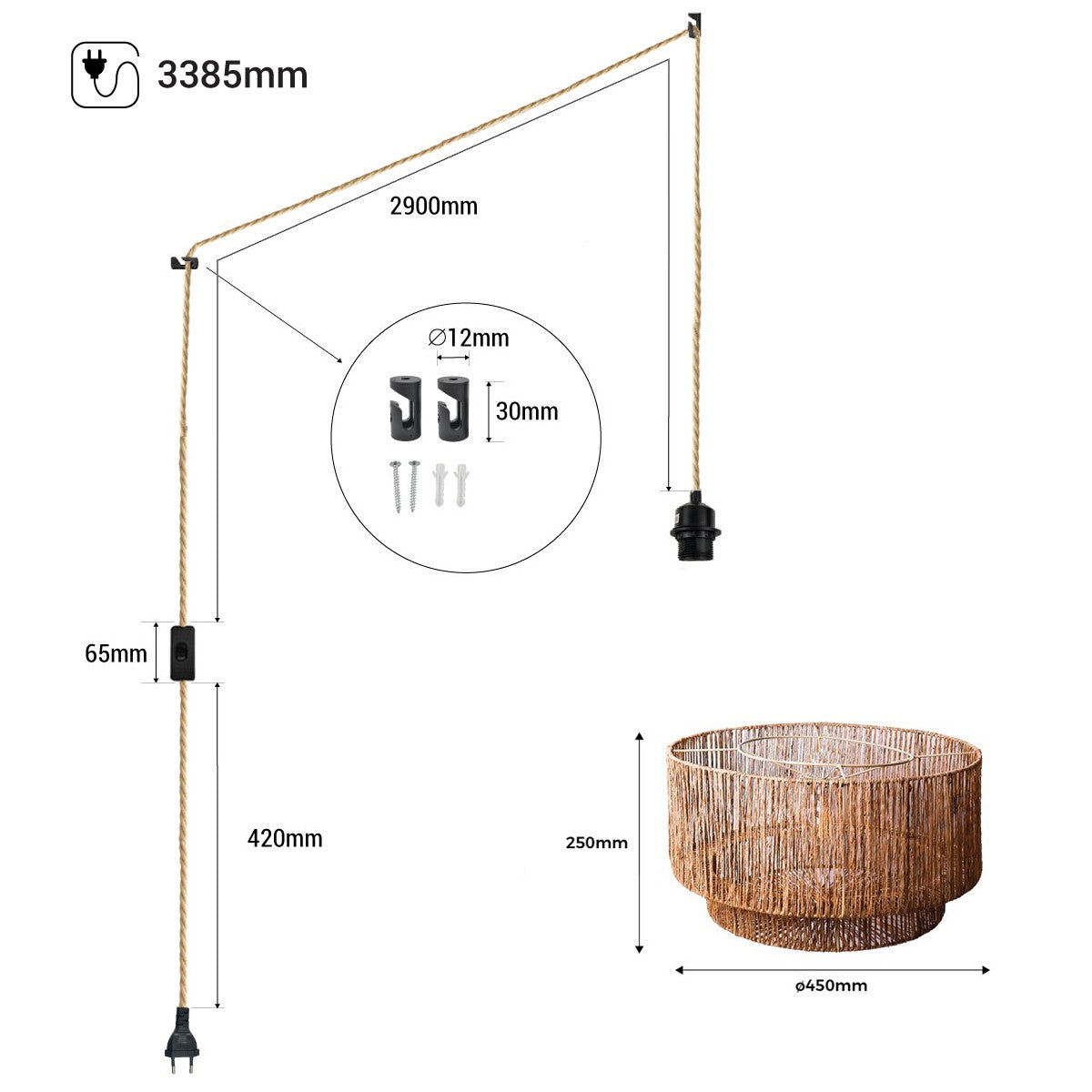 Lámpara colgante de yute "Bali" con interruptor y enchufe (11)