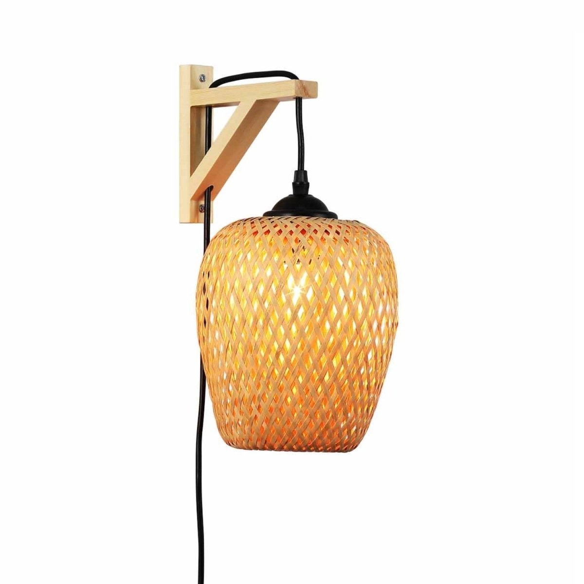 Aplique de pared en madera, pantalla de mimbre y cable con interruptor y enchufe "Alan" - Barcelona Led-Decoración
