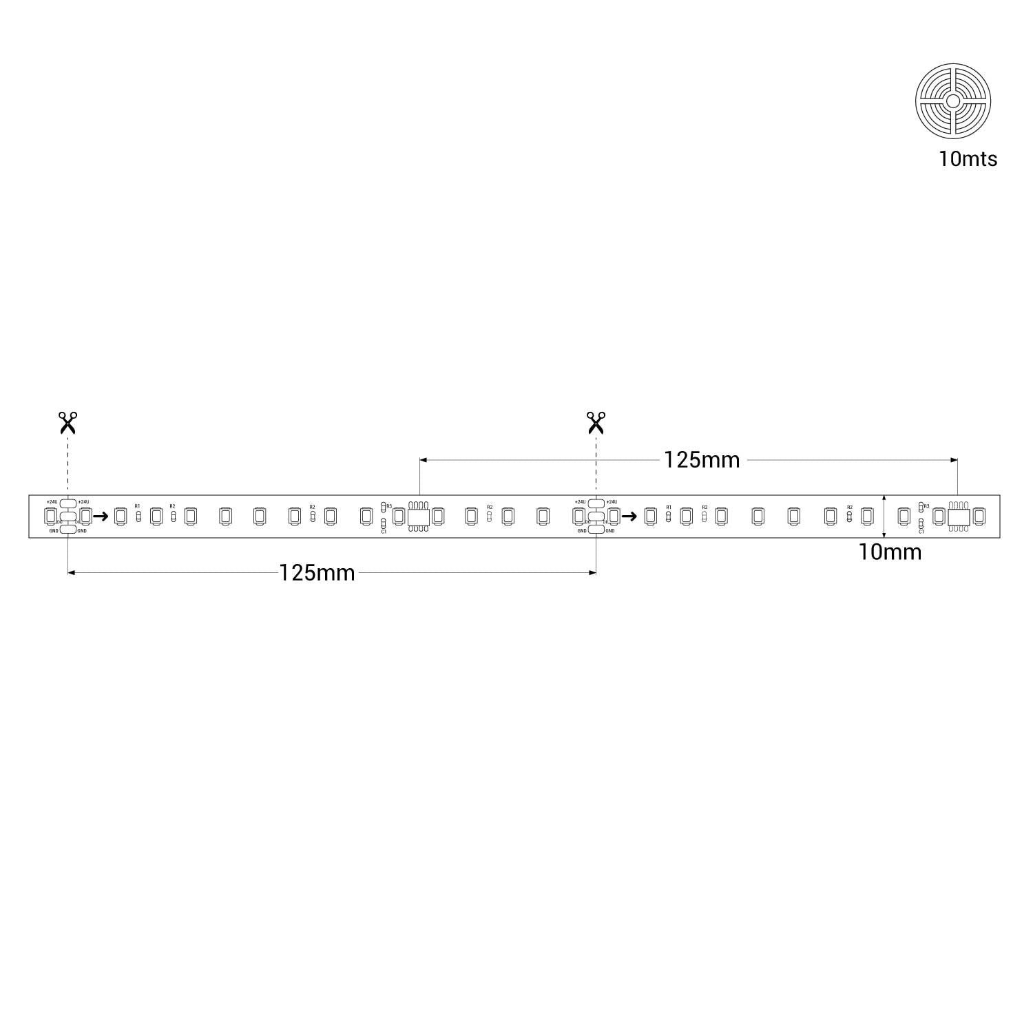 Tira LED monocolor inteligente IC 24V DC - 15W/m - IP20 - 120LED/m - Ancho 10mm - 10 metros (10)