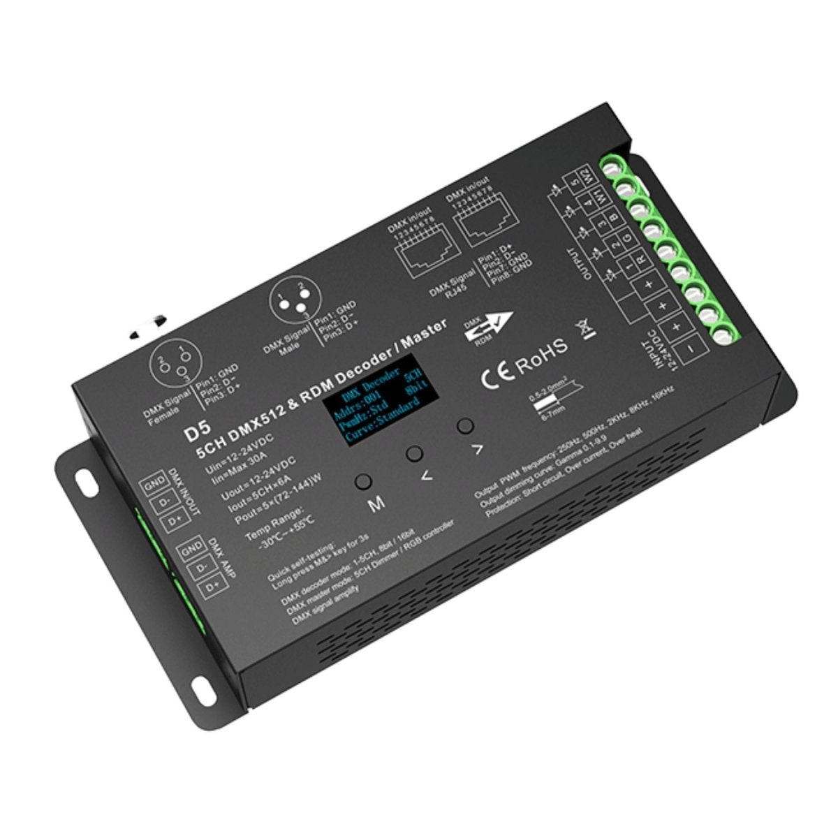 Decodificador DMX512 12-24V DC - 6A/ canal - 5 Canales - Pantalla OLED - Barcelona Led-Control y regulación