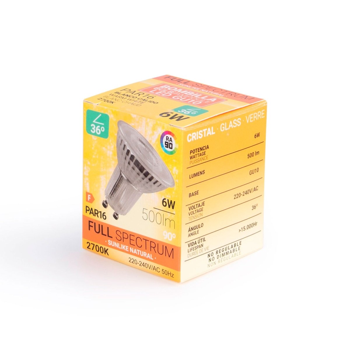 Bombilla LED GU10 6W Full Spectrum "SUNLIKE" - Cristal - 500lm - CRI90 - PAR16 - 36° - Barcelona Led-
