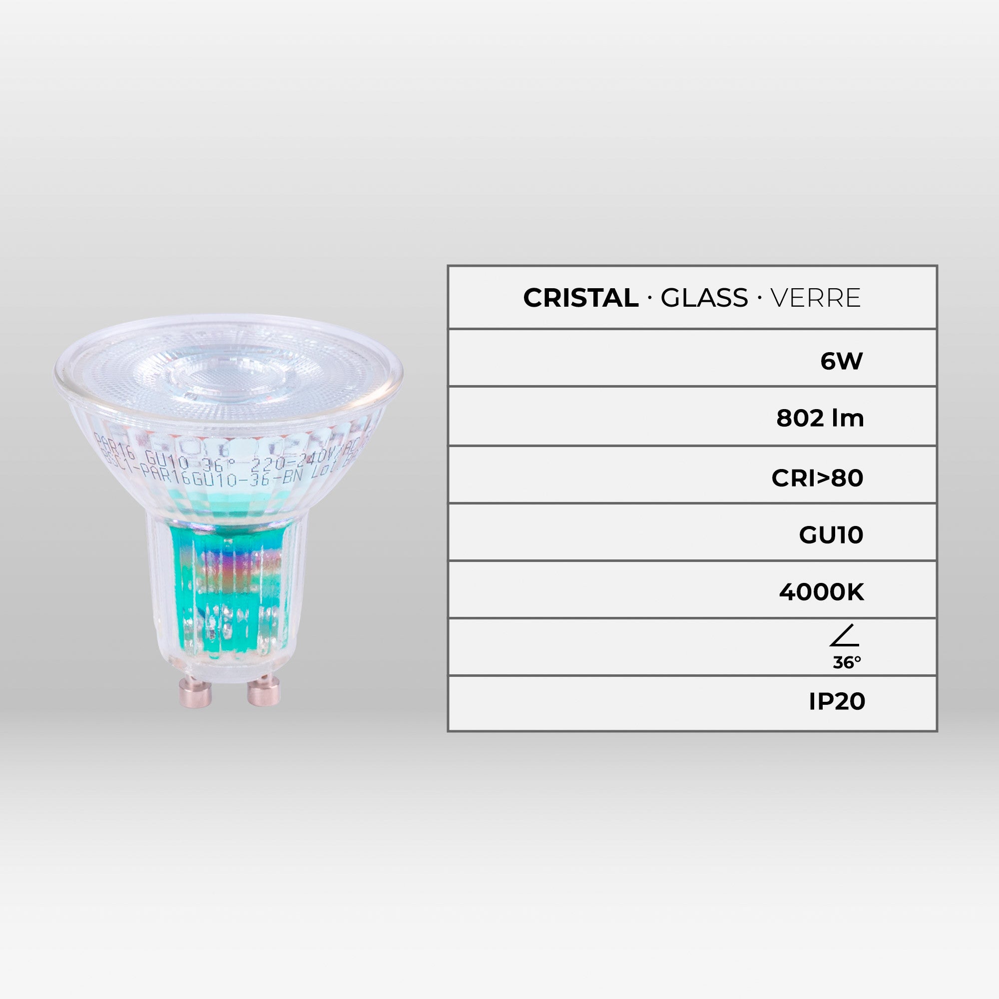 Bombilla LED GU10 6W cristal - 130lm/W - PAR16 - 36° (16)