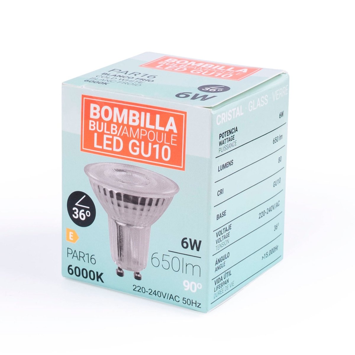 Bombilla LED GU10 6W cristal - 130lm/W - PAR16 - 36° - Barcelona Led-