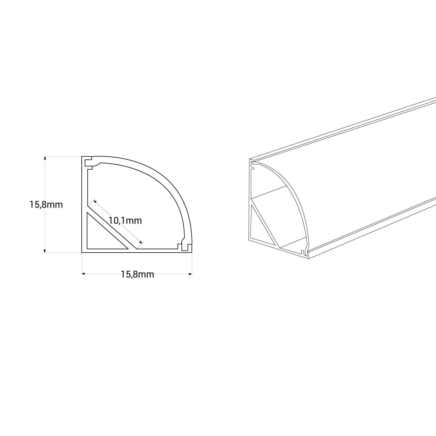 Perfil tira LED de superficie para esquinas - Con difusor - Kit completo - 15,8x15,8mm - Tira LED ≤ 10 mm - 2 metros (1)