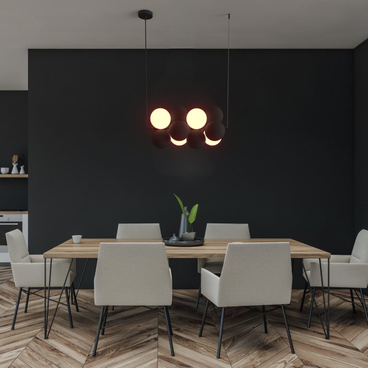 Lámpara acústica colgante horizontal "DRAC" - 4 esferas luminosas y 8 esferas absorbentes - Barcelona Led-Decoración
