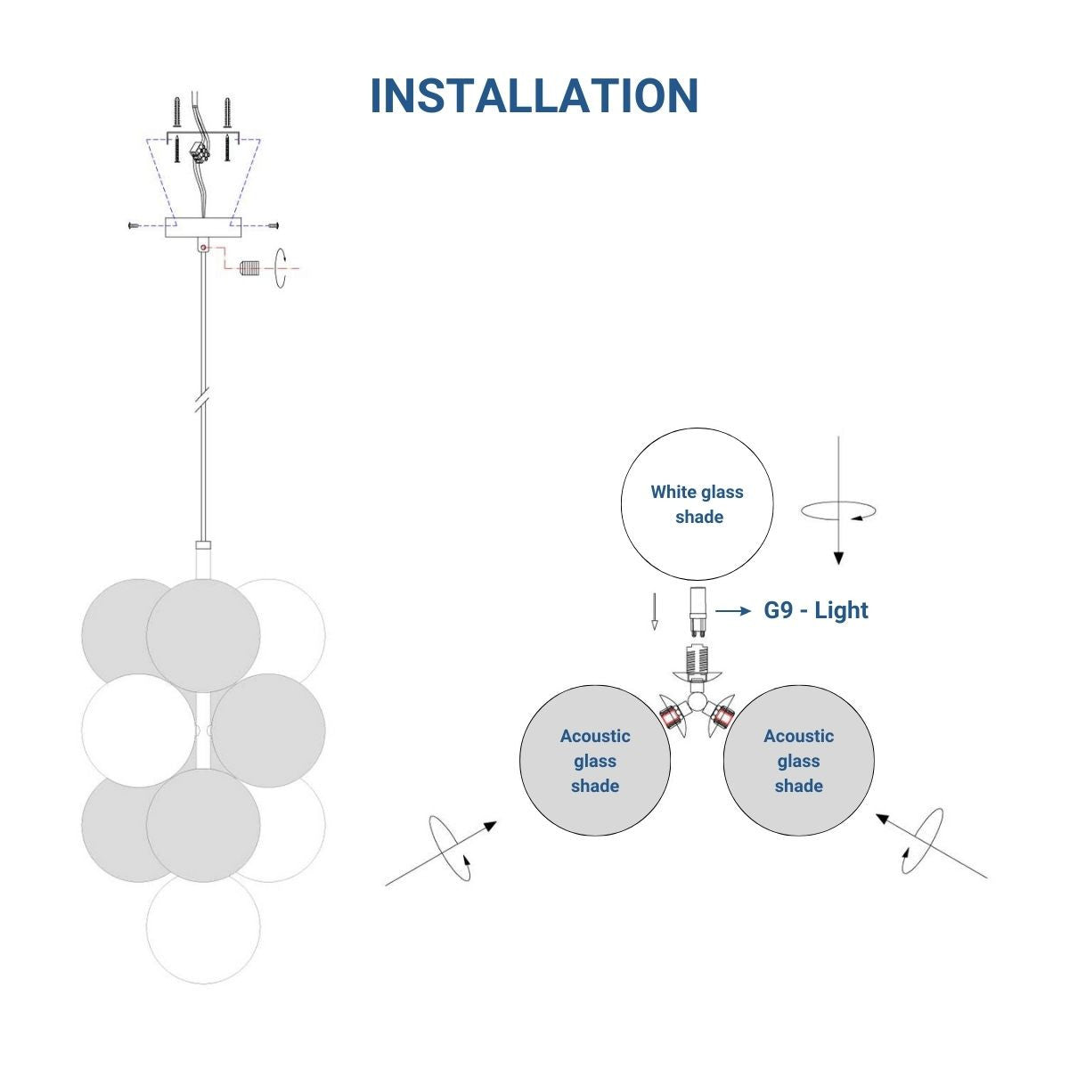 Lámpara acústica colgante vertical "DRAC" - 4 esferas luminosas y 6 esferas absorbentes (34)