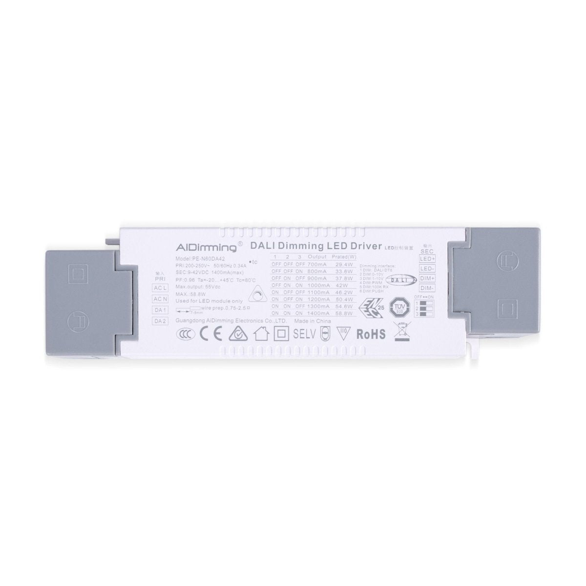 Driver regulable DALI + 1/0-10V + PUSH - 9-42V DC - 58W - Multicorriente (700-1400mA) - Barcelona Led-