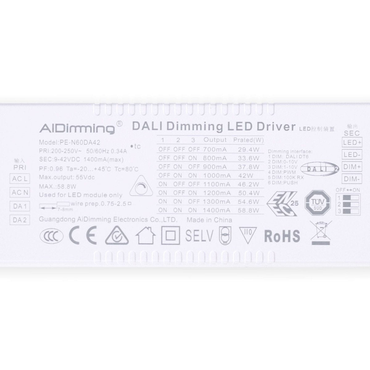 Driver regulable DALI + 1/0-10V + PUSH - 9-42V DC - 58W - Multicorriente (700-1400mA) - Barcelona Led-