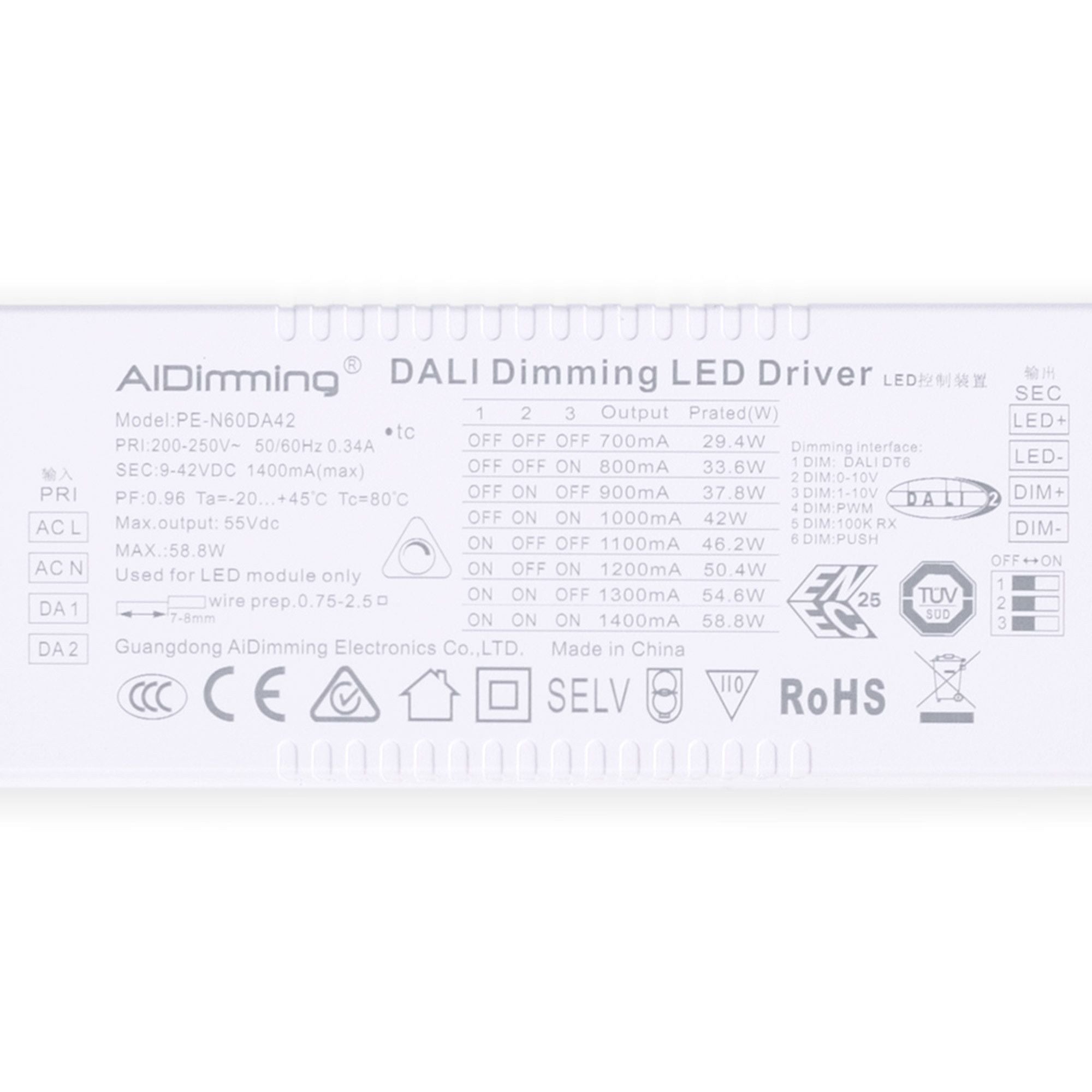 Driver regulable DALI + 1/0-10V + PUSH - 9-42V DC - 58W - Multicorriente (700-1400mA) (7)