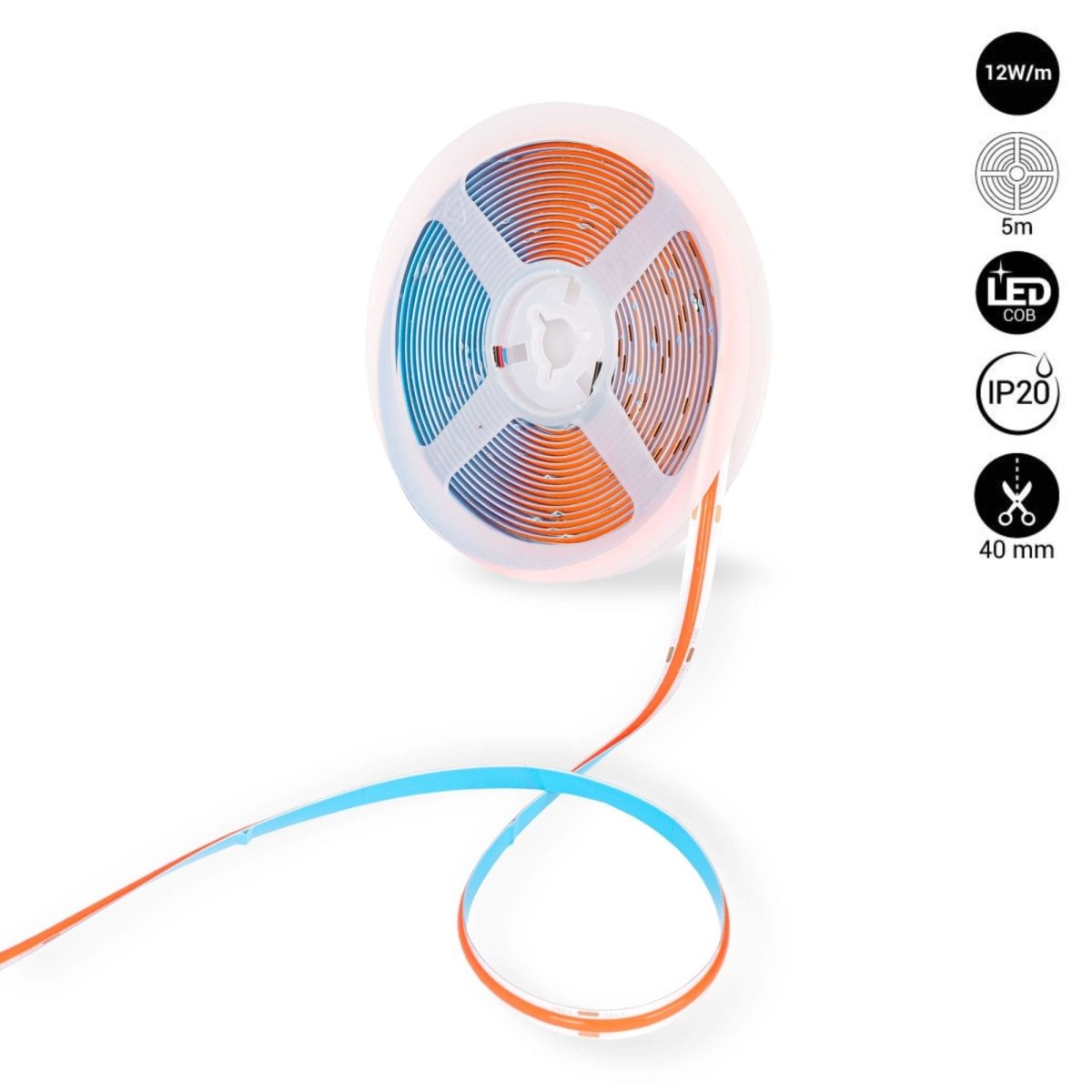Tira LED COB 24V DC - 12W/m - Colores - 8mm - IP20 - Rollo de 5 metros - Corte cada 4cm - Barcelona Led-