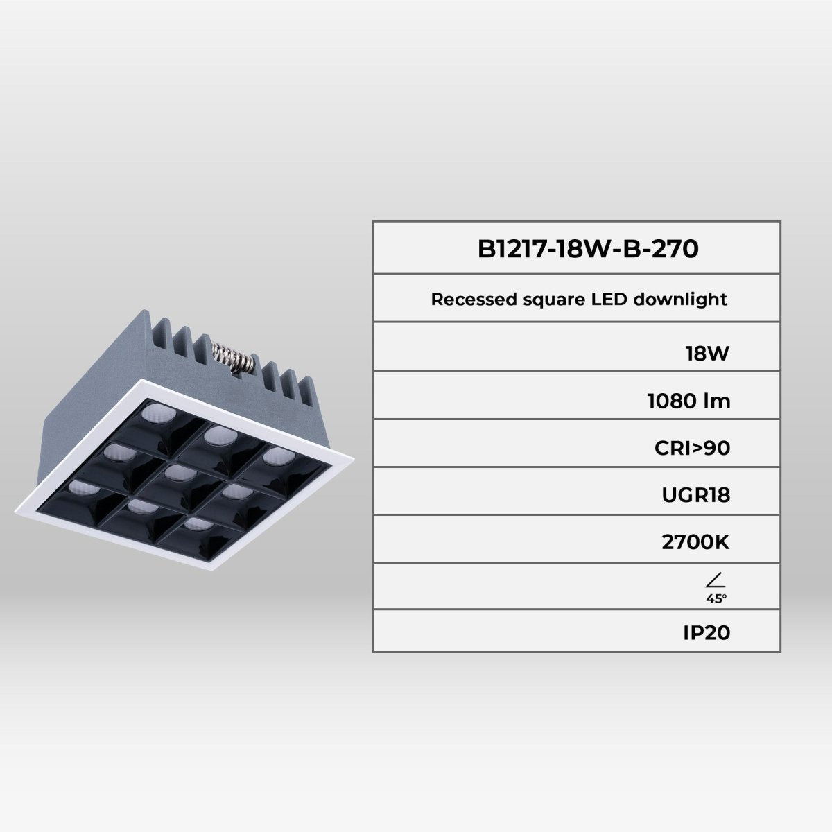 Downlight LED cuadrado empotrable 18W - 9 Focos - UGR18 - CRI90 - Chip OSRAM - Barcelona Led-