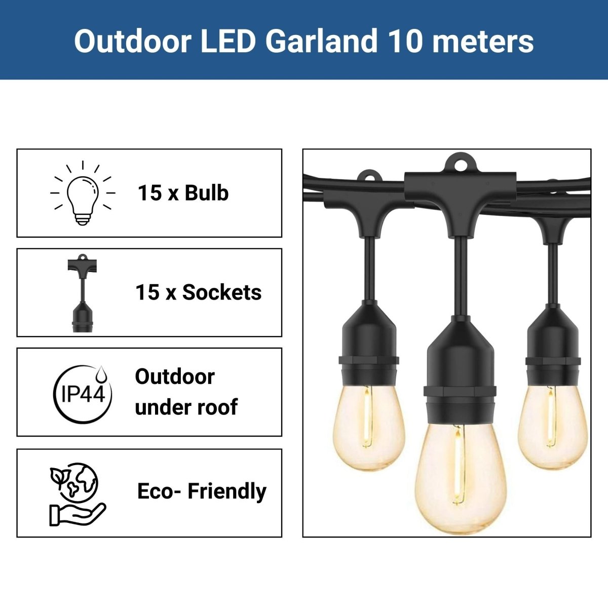 Guirnalda solar exterior - 15 Bombillas LED filamento E27 - IP44 - 10 metros - Barcelona Led-