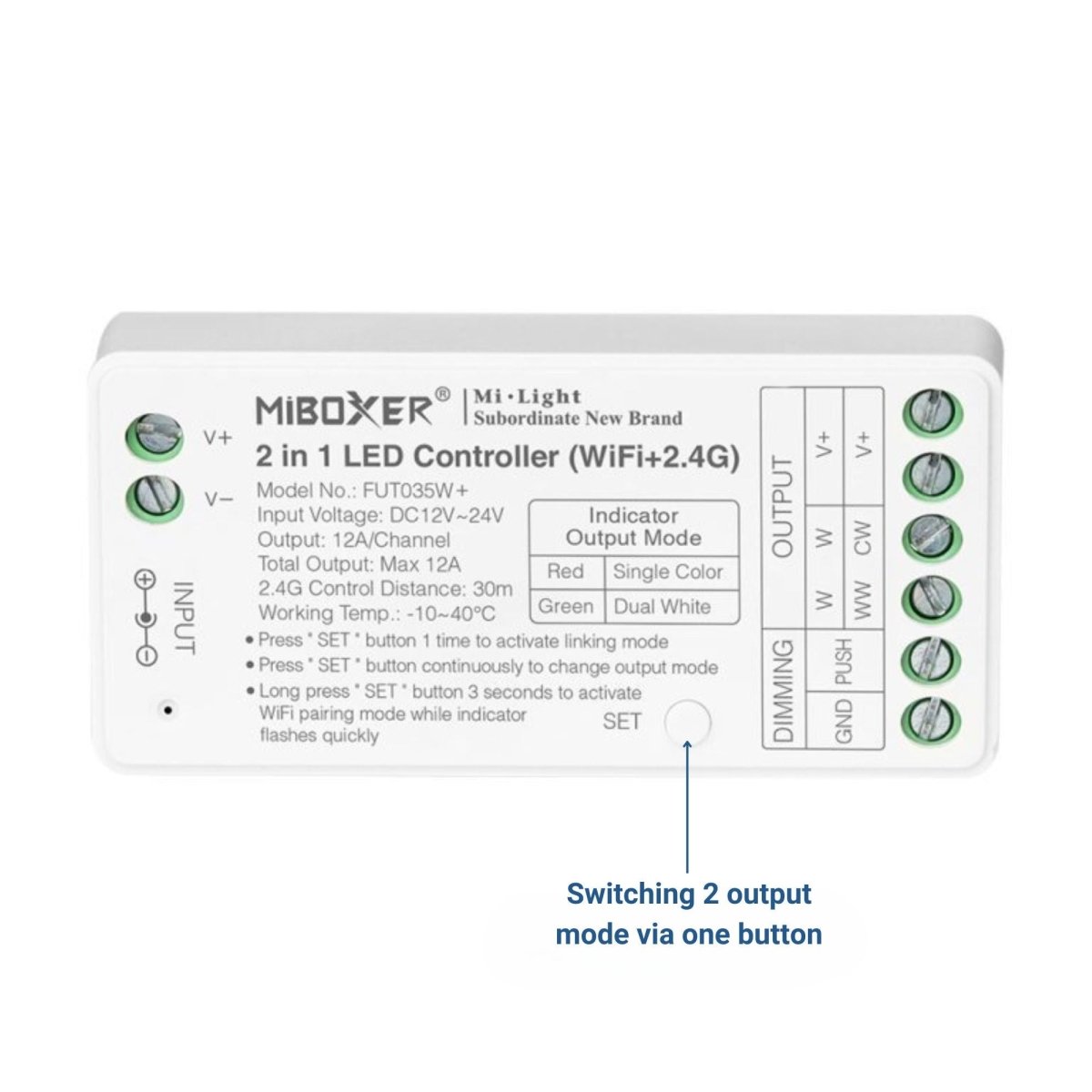 Controlador tira LED 2 en 1- Monocolor - Dual White - 12/24V DC - 2.4G - WiFi - MiBoxer - FUT035W+ - Barcelona Led-Control y regulación