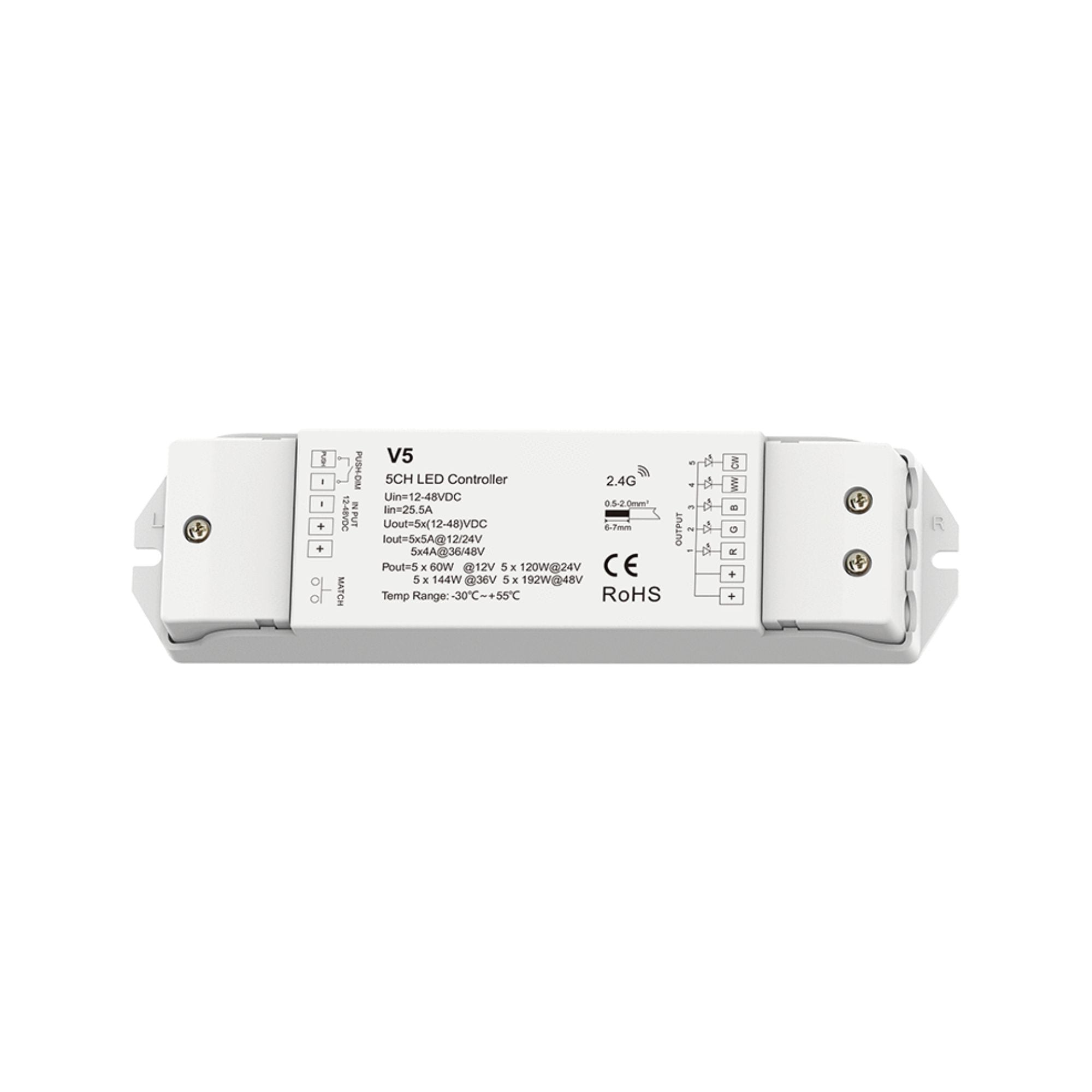 Controlador RGB + CCT 12-48V DC - 25A (5A/canal) - RF 2.4G - PUSH dimmer - Skydance (5)