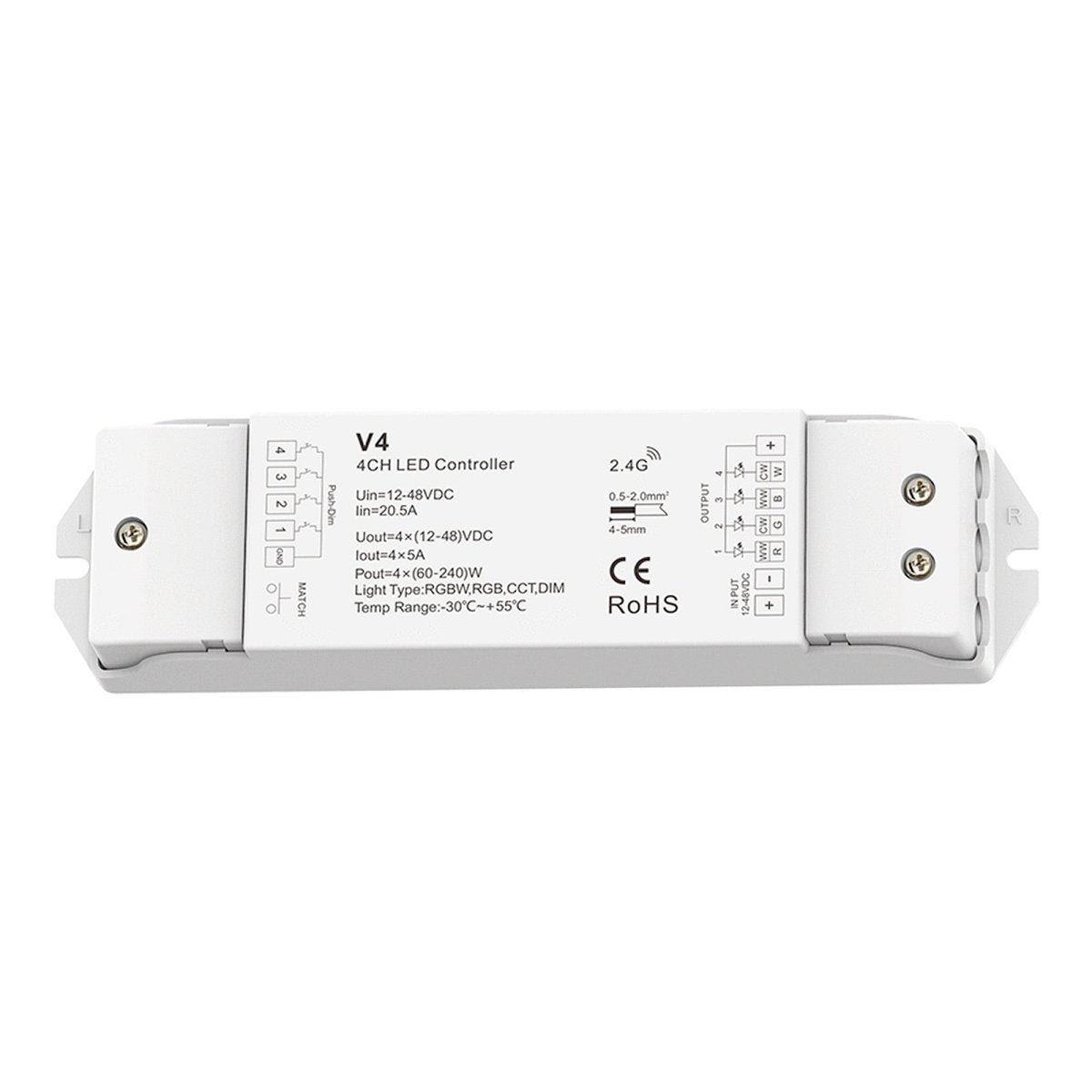 Controlador RGBW / RGB / CCT / Monocolor 12-48V DC - 20A (5A/canal) - RF 2.4G - PUSH Dimmer - Skydance - Barcelona Led-Control y regulación