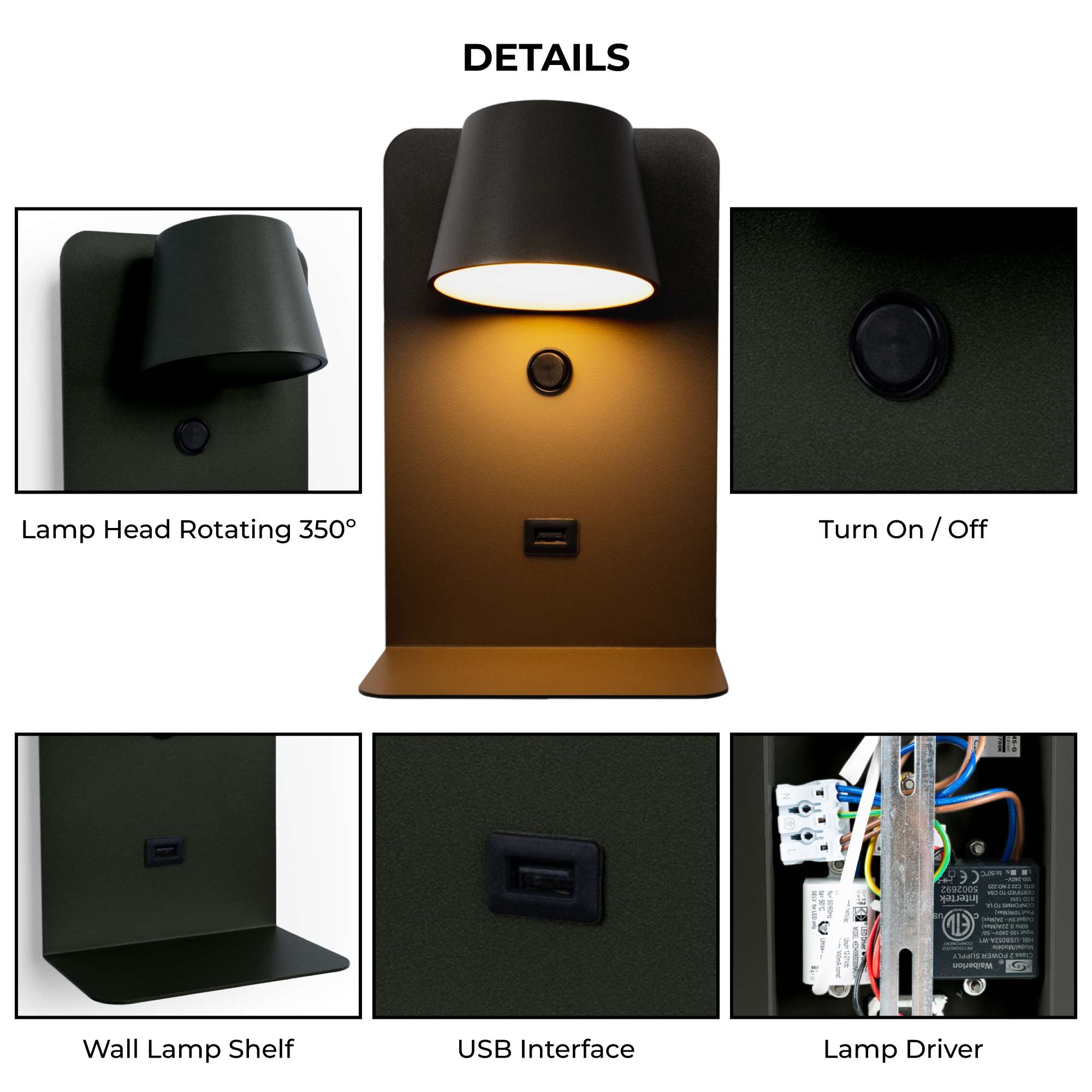 Pack x 2 - Aplique de pared para lectura con puerto USB "BASKOP" - 6W - Diseño vertical (20)