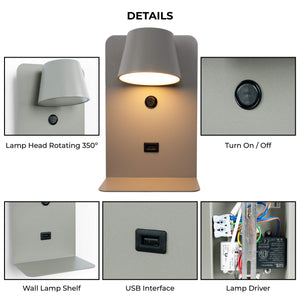 Pack x 2 - Aplique de pared para lectura con puerto USB "BASKOP" - 6W - Diseño vertical (61)