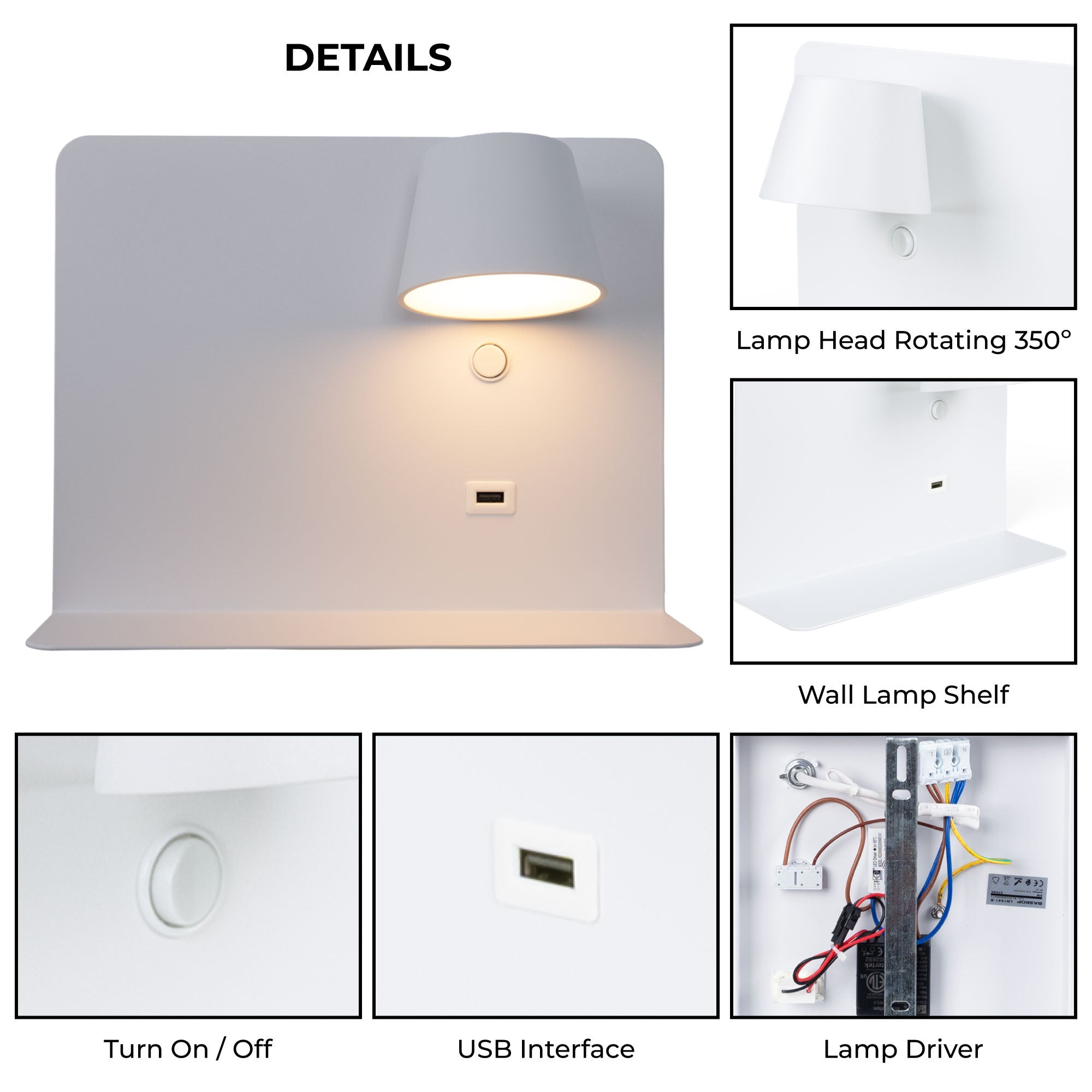 Aplique de pared para lectura con puerto USB "BASKOP" - 6W - Luz derecha (61)