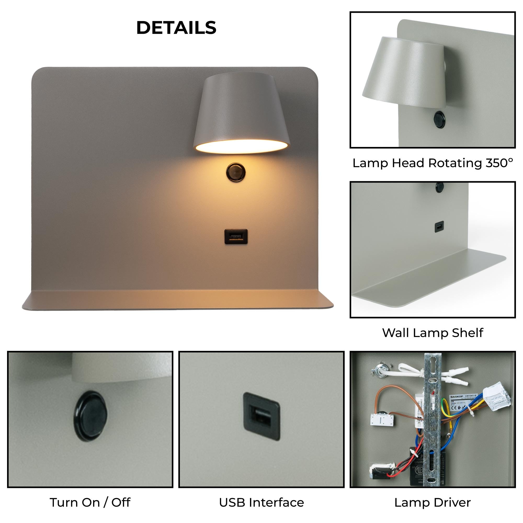 Aplique de pared para lectura con puerto USB "BASKOP" - 6W - Luz derecha (62)