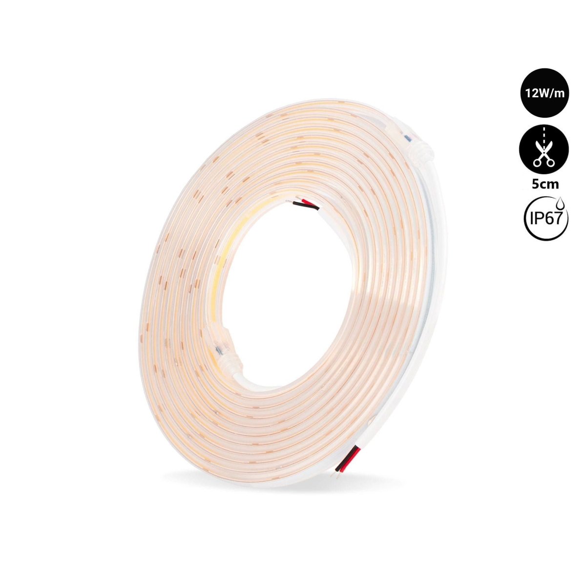 Tira LED COB 24V DC - 12W/m - 10mm - IP67 - Rollo de 5 metros - Corte cada 5cm - Barcelona Led-