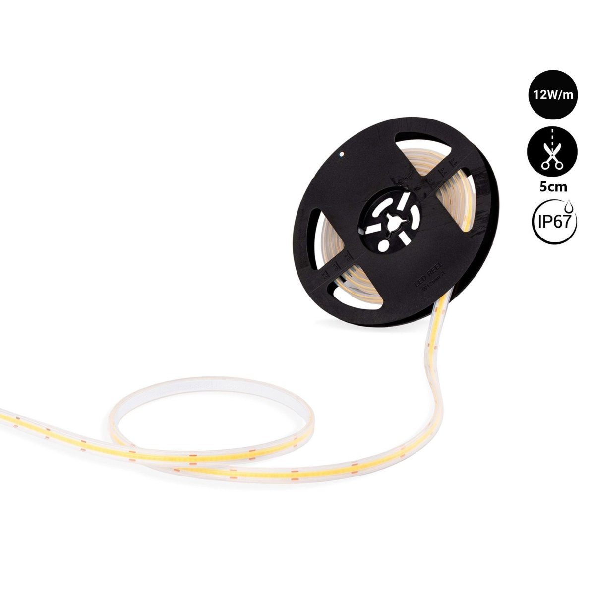 Tira LED COB 24V DC - 12W/m - 10mm - IP67 - Rollo de 5 metros - Corte cada 5cm - Barcelona Led-