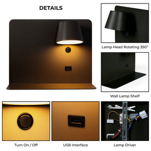 Aplique de pared para lectura con puerto USB "BASKOP" - 6W - Luz derecha (63)