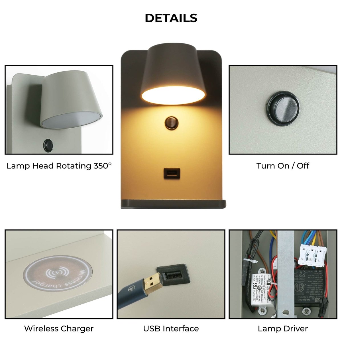 Aplique de pared para lectura con puerto USB "BASKOP W" - 6W - Base carga inalámbrica - Barcelona Led-Decoración