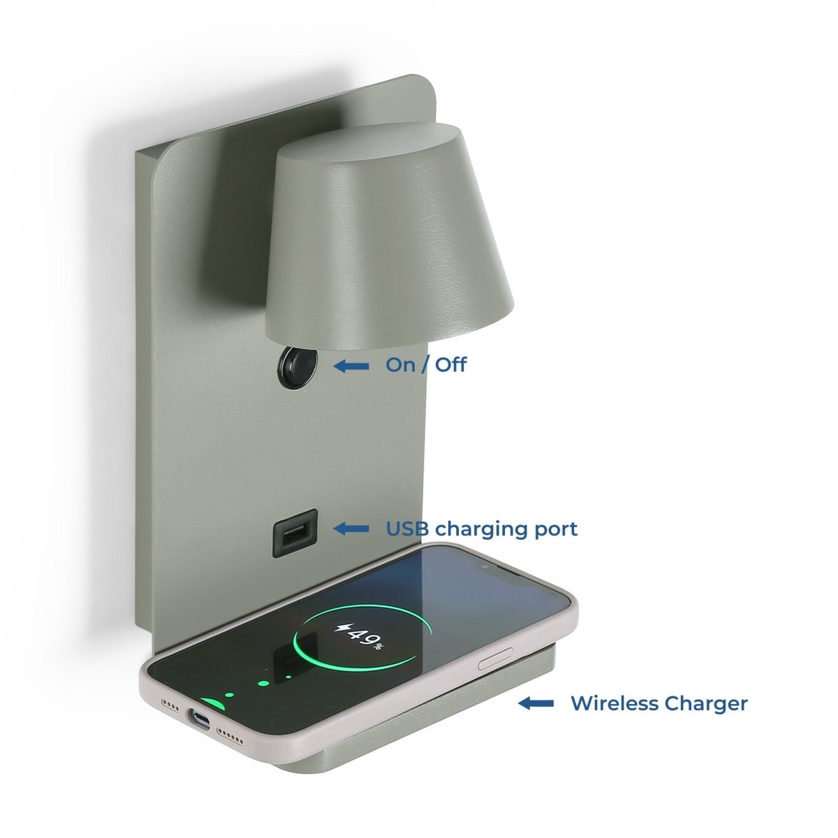 Aplique de pared para lectura con puerto USB "BASKOP W" - 6W - Base carga inalámbrica - Barcelona Led-Decoración