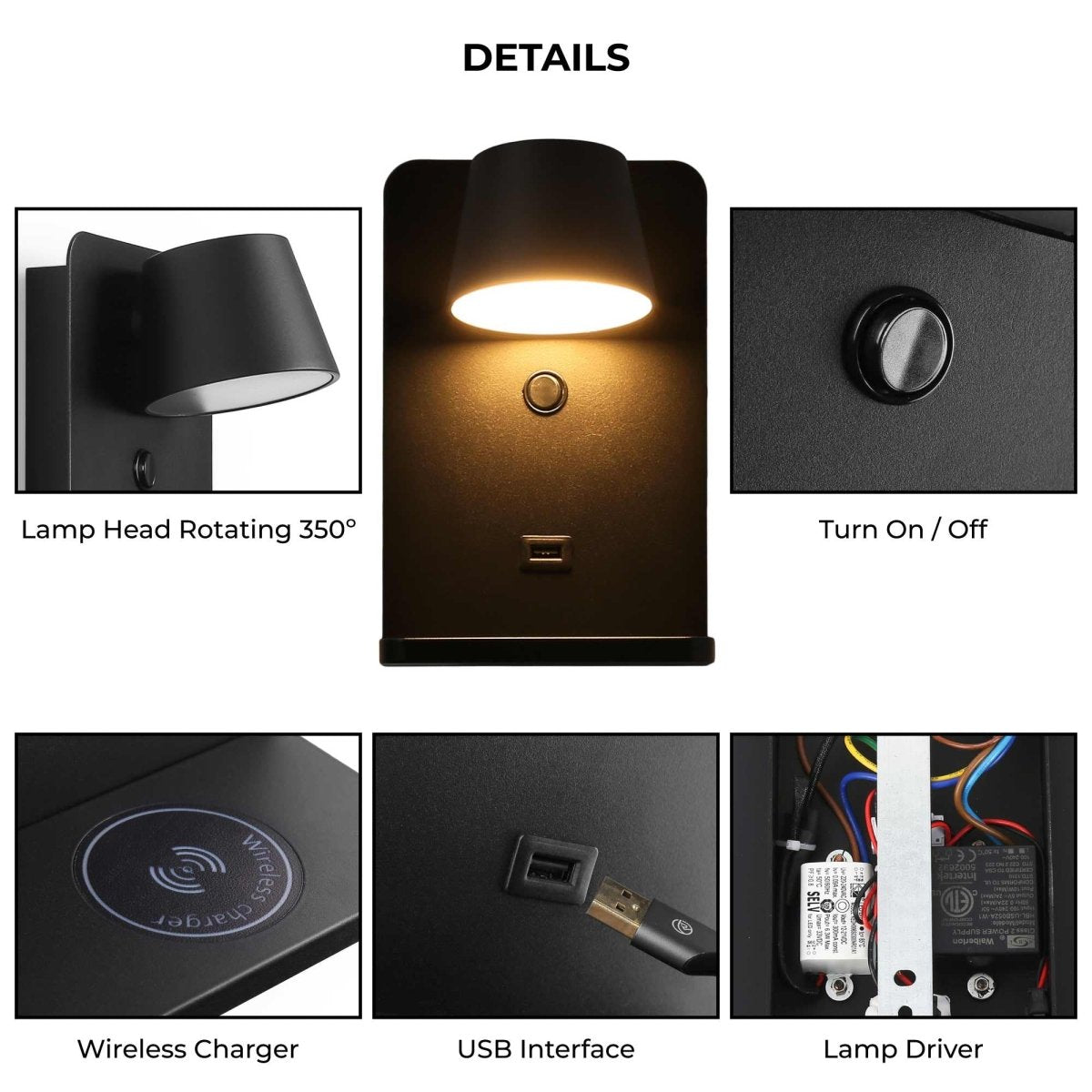 Aplique de pared para lectura con puerto USB "BASKOP W" - 6W - Base carga inalámbrica - Barcelona Led-Decoración