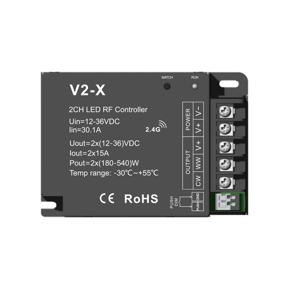 Controlador CCT 12-36V DC - 2 canales - 15A/canal - RF 2.4GHz - PUSH dimmer - Skydance - Barcelona Led-Control y regulación