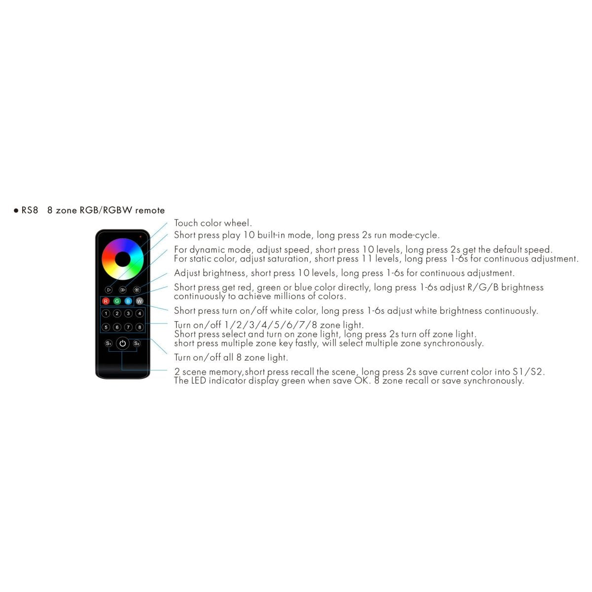 Mando a distancia LED RGB / RGBW - 8 zonas / 2 escenas - SK-RS8 - Skydance - Barcelona Led-Control y regulación