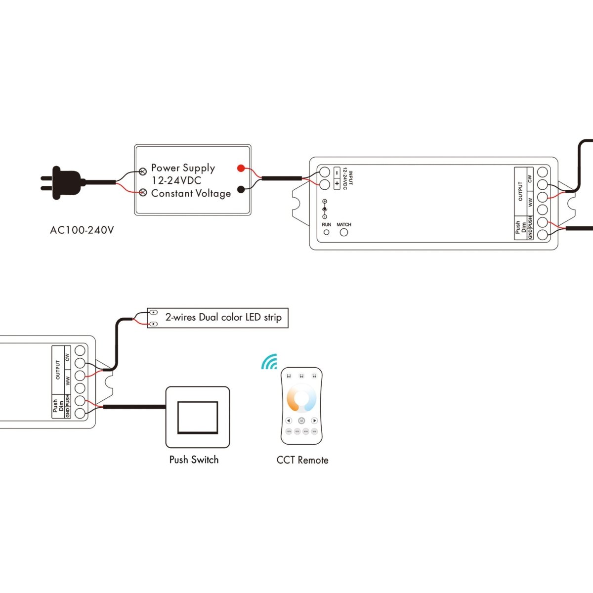 Controlador CCT 12-24V DC - 2 hilos - 5A - RF 2.4GHz - PUSH dimmer - Skydance - Barcelona Led-Control y regulación