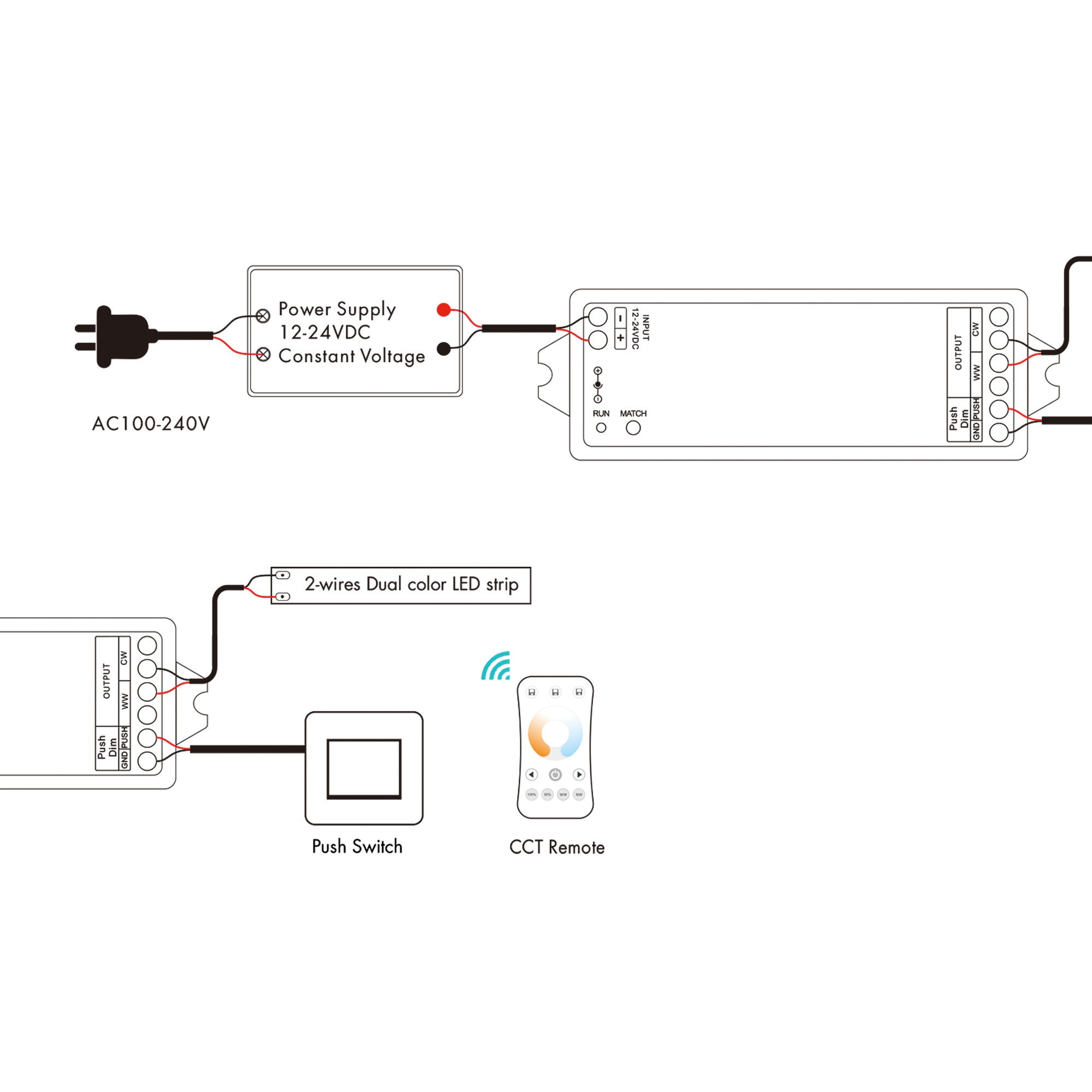 Controlador CCT 12-24V DC - 2 hilos - 5A - RF 2.4GHz - PUSH dimmer - Skydance (1)