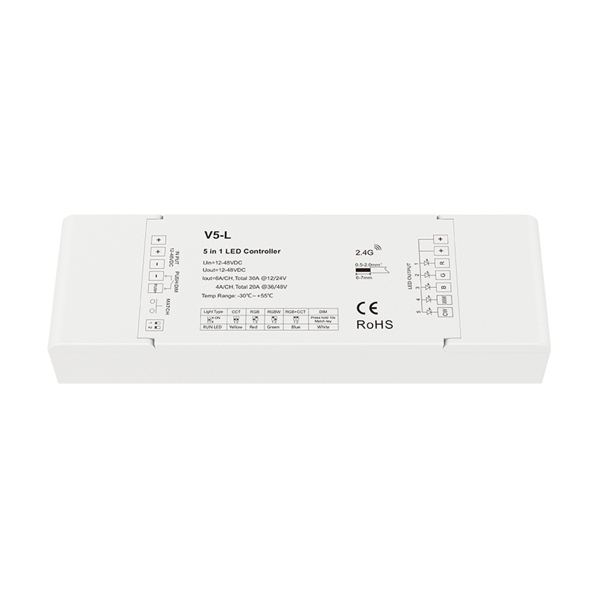 Controlador Monocolor / CCT / RGB / RGBW / RGB + CCT 12-48V DC - 5 en 1 - RF 2.4GHz - PUSH dimmer - Skydance