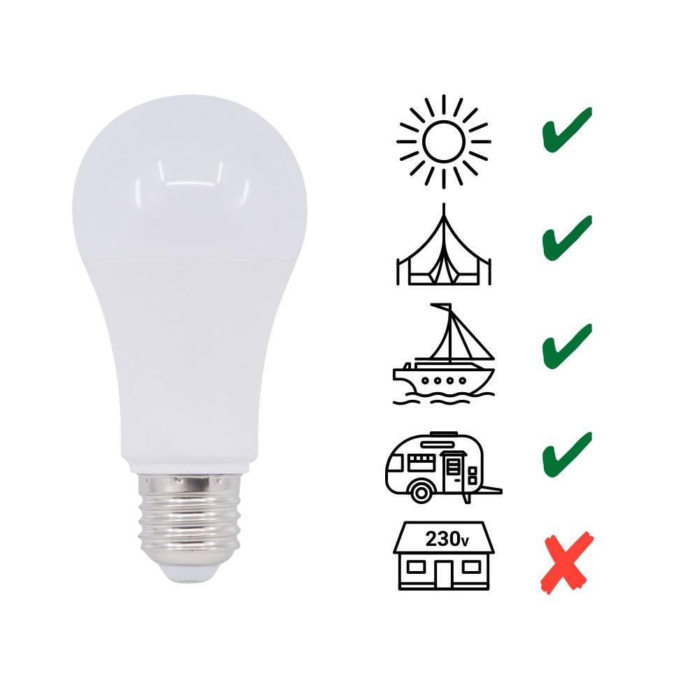 Bombilla 10-36V 7W E27 A60 para caravanas, camping y embarcaciones