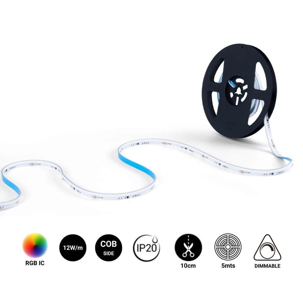 Tira LED inteligente RGB COB 24V DC - Emisión lateral - 12W/m - 10mm - IP20 - Rollo de 5 metros - Barcelona Led-