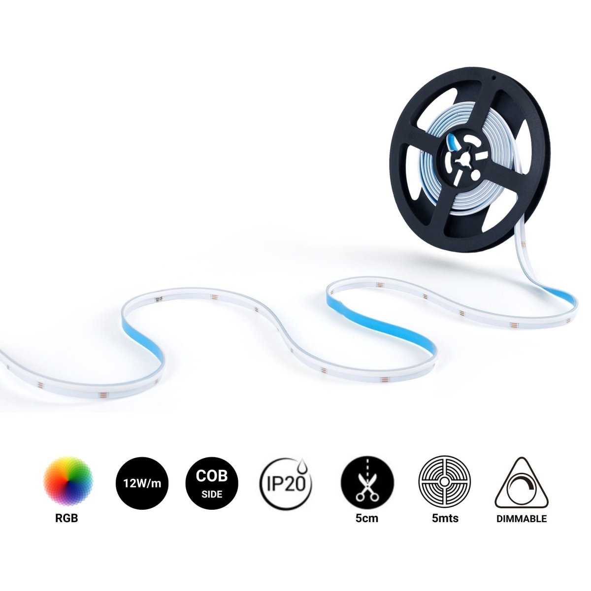 Tira LED COB 24V DC RGB - Emisión lateral - 12W/m - 10mm - IP20 - Corte c/ 5cm - Rollo de 5 metros - Barcelona Led-